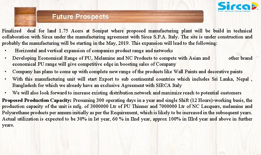 Future Prospects Finalized deal for land 1. 75 Acers at Sonipat where proposed manufacturing