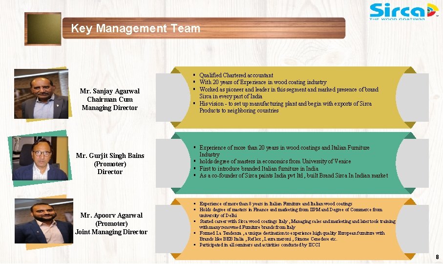 Key Management Team Mr. Sanjay Agarwal Chairman Cum Managing Director § Qualified Chartered accountant