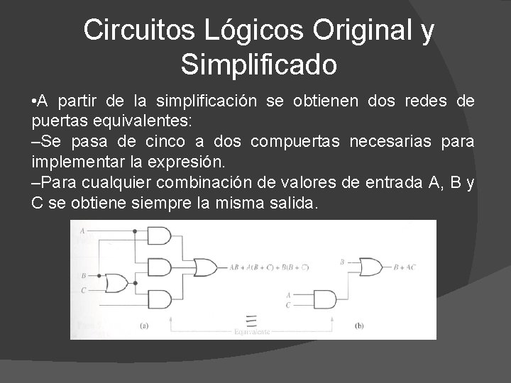 Circuitos Lógicos Original y Simplificado • A partir de la simplificación se obtienen dos