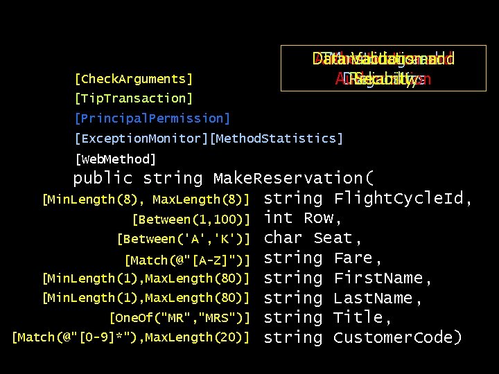 [Check. Arguments] Data Authentication Transactions Monitoring Validation and and Authorization Diagnostics Reliability Security [Tip.