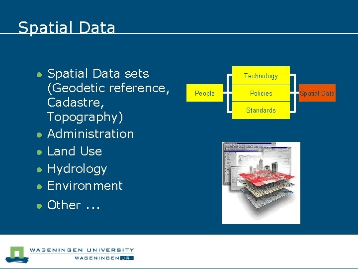 Spatial Data l Spatial Data sets (Geodetic reference, Cadastre, Topography) Administration Land Use Hydrology