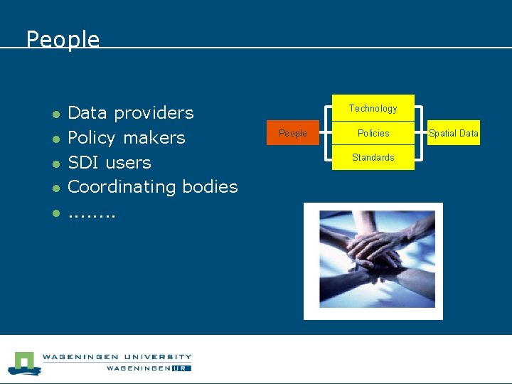 People l l l Data providers Policy makers SDI users Coordinating bodies. . .