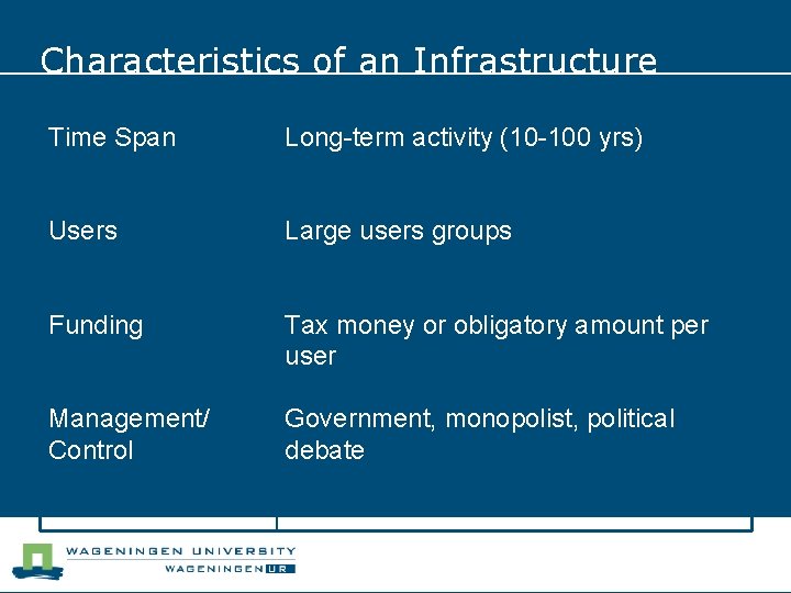 Characteristics of an Infrastructure Time Span Long-term activity (10 -100 yrs) Users Large users