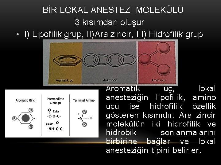 BİR LOKAL ANESTEZİ MOLEKÜLÜ 3 kısımdan oluşur • I) Lipofilik grup, II)Ara zincir, III)