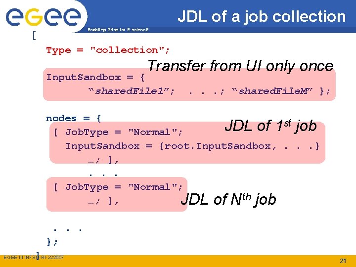 JDL of a job collection Enabling Grids for E-scienc. E [ Type = "collection";