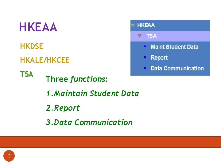 HKEAA HKDSE HKALE/HKCEE TSA Three functions: 1. Maintain Student Data 2. Report 3. Data