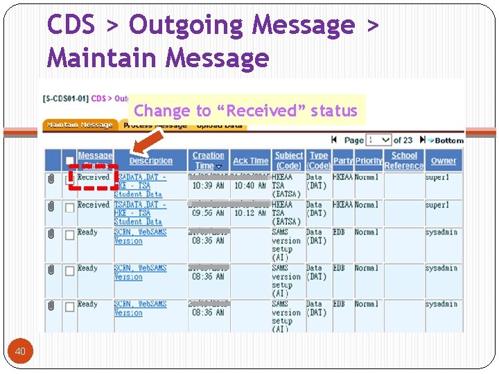 CDS > Outgoing Message > Maintain Message Change to “Received” status 40 