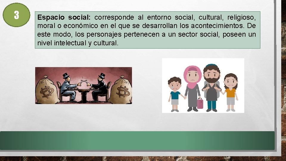 3 Espacio social: corresponde al entorno social, cultural, religioso, moral o económico en el