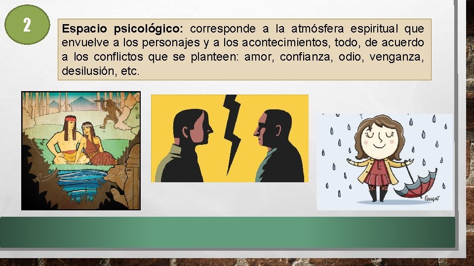 2 Espacio psicológico: corresponde a la atmósfera espiritual que envuelve a los personajes y