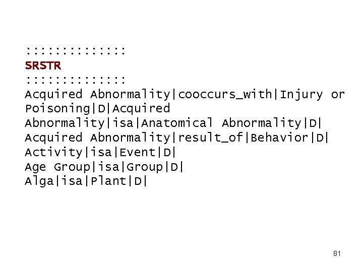 : : : : SRSTR : : : : Acquired Abnormality|cooccurs_with|Injury or Poisoning|D|Acquired Abnormality|isa|Anatomical