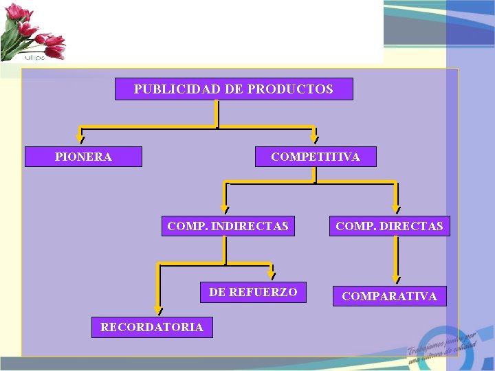 PUBLICIDAD DE PRODUCTOS PIONERA COMPETITIVA COMP. INDIRECTAS DE REFUERZO RECORDATORIA COMP. DIRECTAS COMPARATIVA 