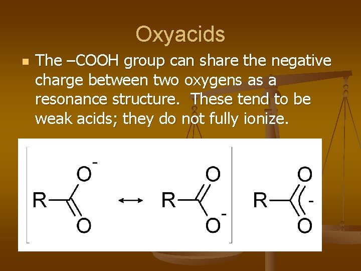 Oxyacids n The –COOH group can share the negative charge between two oxygens as