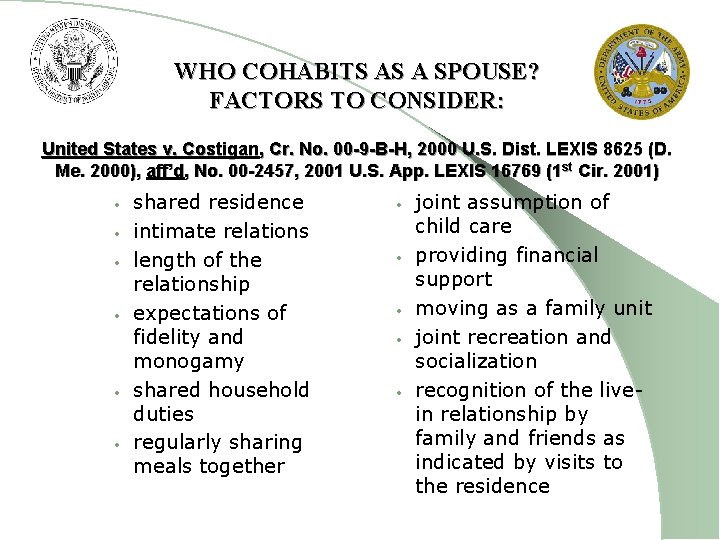 WHO COHABITS AS A SPOUSE? FACTORS TO CONSIDER: United States v. Costigan, Cr. No.