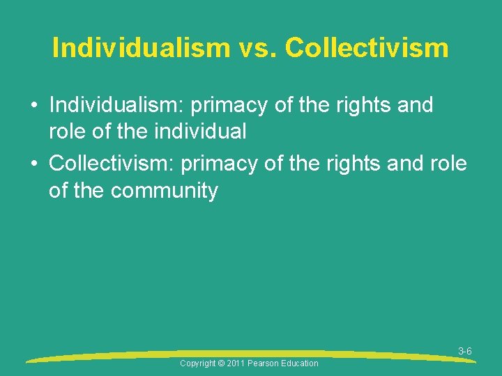 Individualism vs. Collectivism • Individualism: primacy of the rights and role of the individual