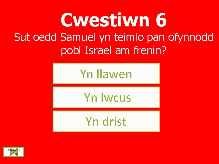 Cwestiwn 6 Sut oedd Samuel yn teimlo pan ofynnodd pobl Israel am frenin? YYn.