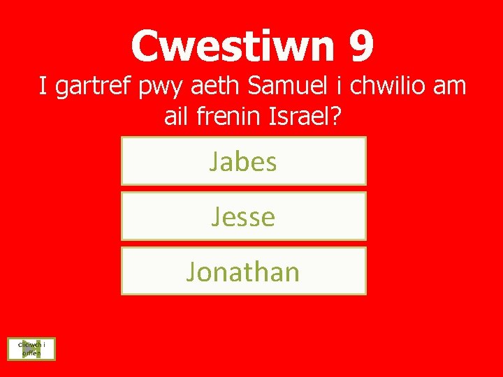 Cwestiwn 9 I gartref pwy aeth Samuel i chwilio am ail frenin Israel? Jabes