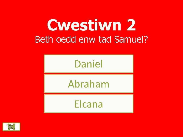Cwestiwn 2 Beth oedd enw tad Samuel? Daniel Abraham Elcana Cliciwch i orffen 