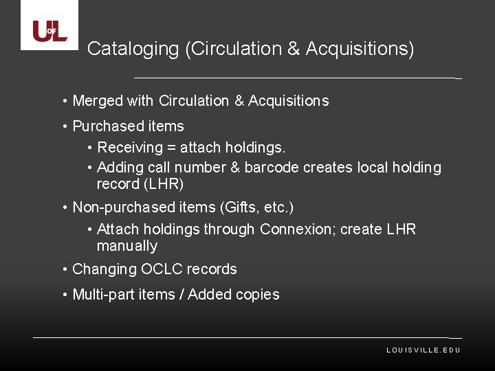Cataloging (Circulation & Acquisitions) • Merged with Circulation & Acquisitions • Purchased items •