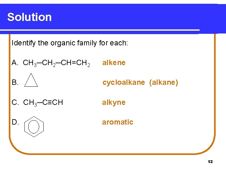 Solution Identify the organic family for each: A. CH 3─CH 2─CH=CH 2 alkene B.