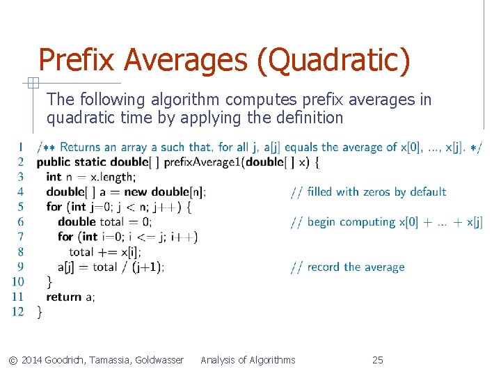 Prefix Averages (Quadratic) The following algorithm computes prefix averages in quadratic time by applying