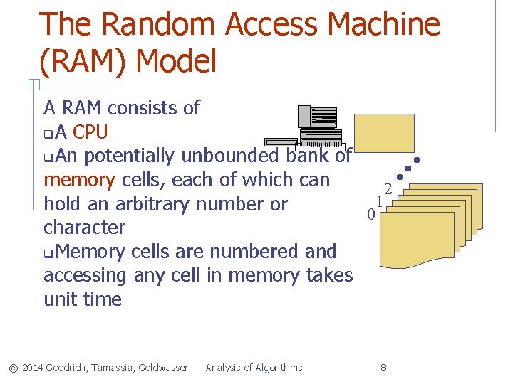 The Random Access Machine (RAM) Model A RAM consists of A CPU An potentially