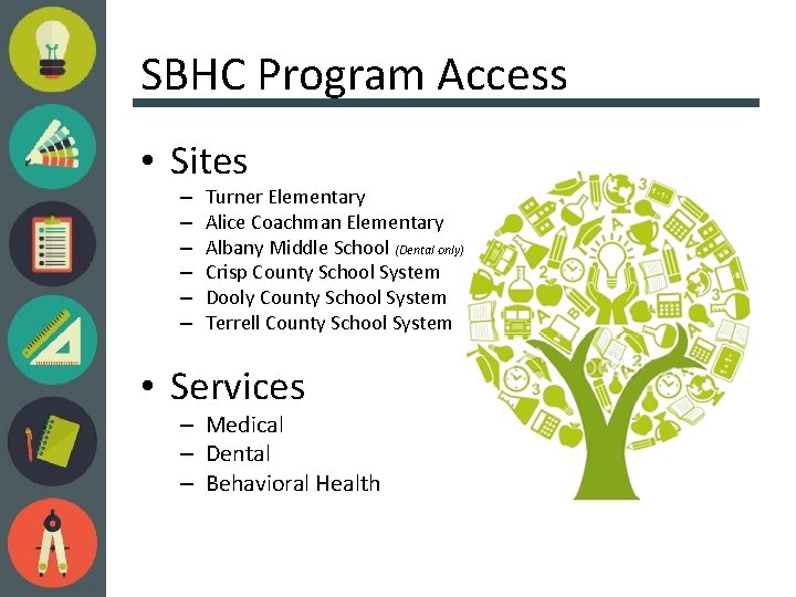 SBHC Program Access • Sites – – – Turner Elementary Alice Coachman Elementary Albany