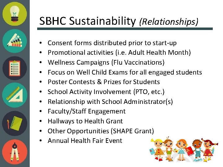 SBHC Sustainability (Relationships) • • • Consent forms distributed prior to start-up Promotional activities