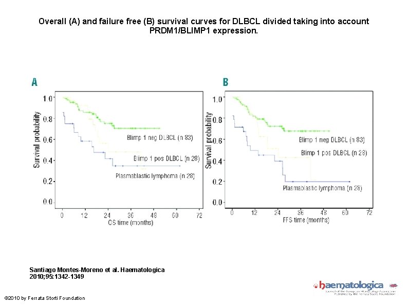 Overall (A) and failure free (B) survival curves for DLBCL divided taking into account