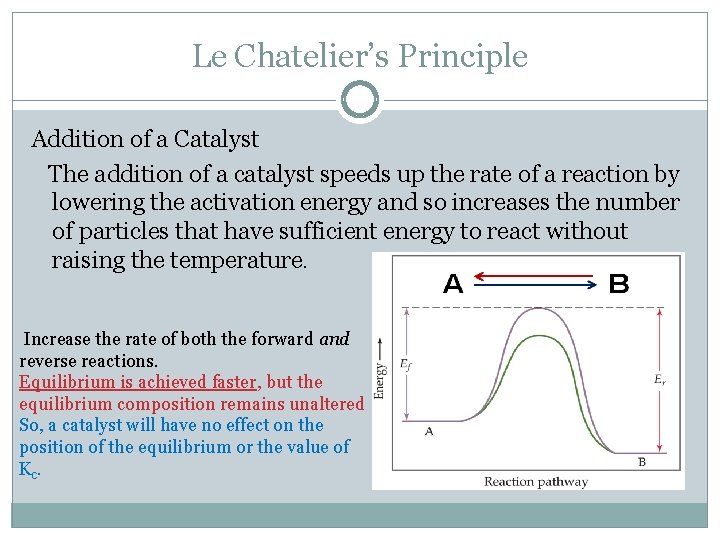 Le Chatelier’s Principle Addition of a Catalyst The addition of a catalyst speeds up