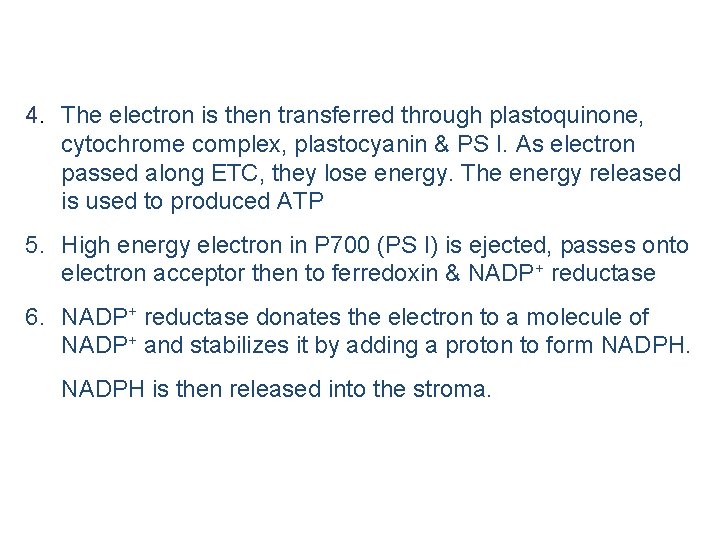 4. The electron is then transferred through plastoquinone, cytochrome complex, plastocyanin & PS I.