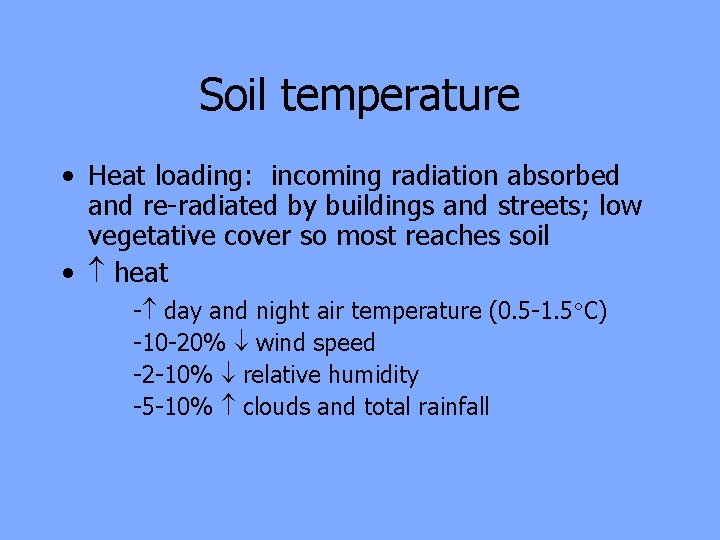 Soil temperature • Heat loading: incoming radiation absorbed and re-radiated by buildings and streets;