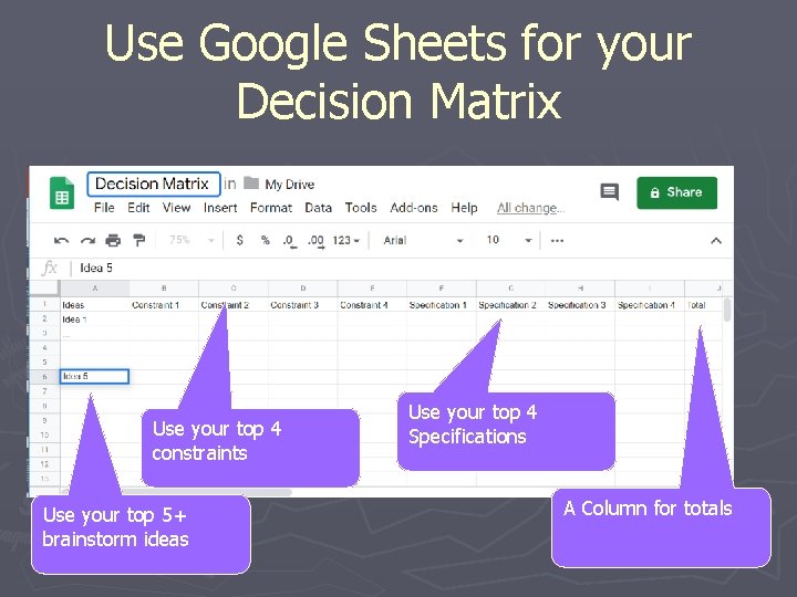 Use Google Sheets for your Decision Matrix Use your top 4 constraints Use your