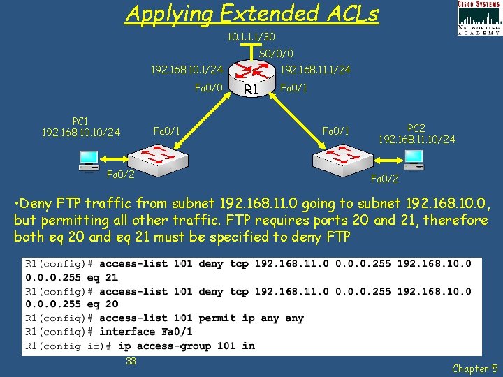 Applying Extended ACLs 10. 1. 1. 1/30 S 0/0/0 192. 168. 10. 1/24 Fa