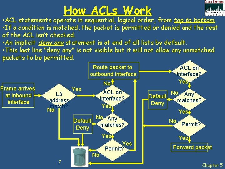 How ACLs Work • ACL statements operate in sequential, logical order, from top to