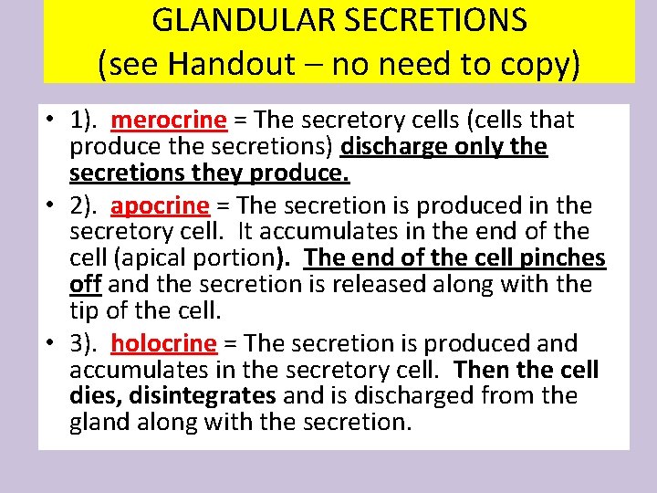 GLANDULAR SECRETIONS (see Handout – no need to copy) • 1). merocrine = The