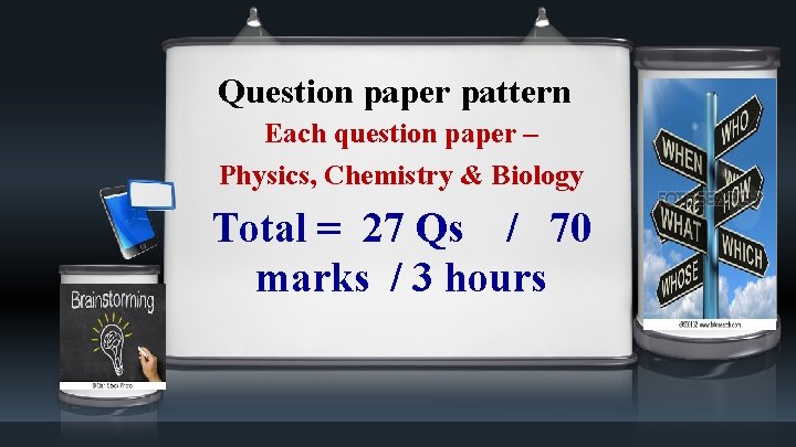 Question paper pattern Each question paper – Physics, Chemistry & Biology Total = 27