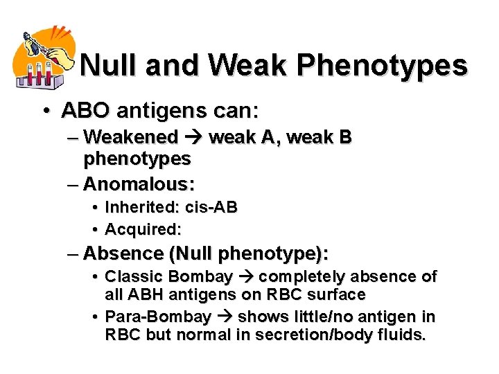 Null and Weak Phenotypes • ABO antigens can: – Weakened weak A, weak B
