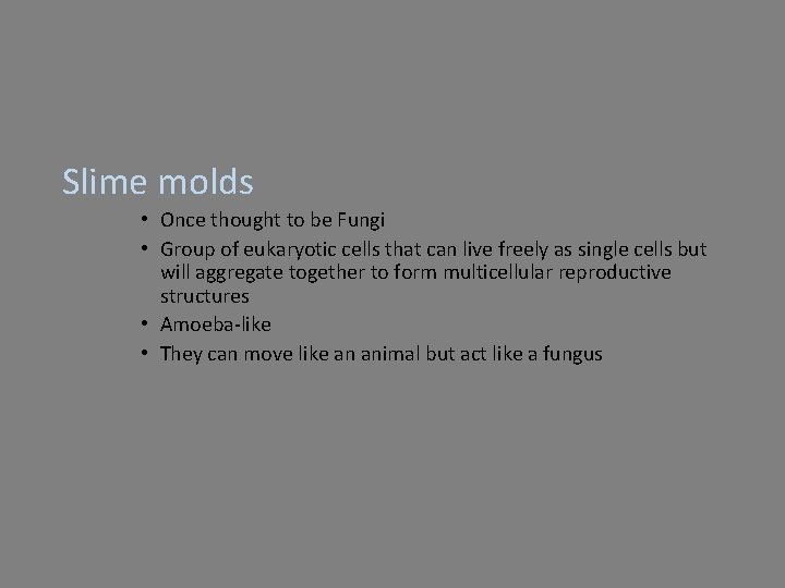 Slime molds • Once thought to be Fungi • Group of eukaryotic cells that