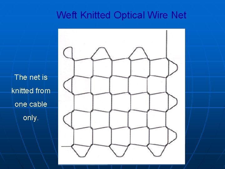 Weft Knitted Optical Wire Net The net is knitted from one cable only. 