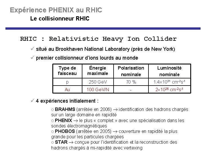 Expérience PHENIX au RHIC Le collisionneur RHIC : Relativistic Heavy Ion Collider ü situé