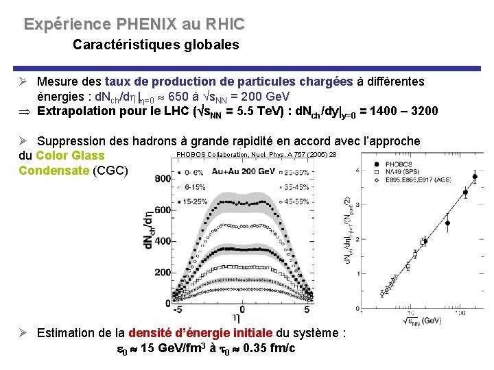 Expérience PHENIX au RHIC Caractéristiques globales Ø Mesure des taux de production de particules