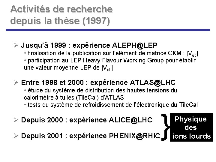 Activités de recherche depuis la thèse (1997) Ø Jusqu’à 1999 : expérience ALEPH@LEP •