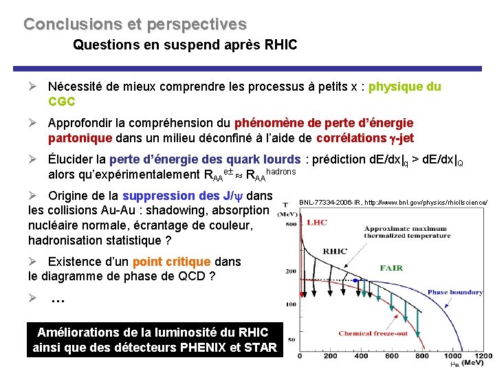 Conclusions et perspectives Questions en suspend après RHIC Ø Nécessité de mieux comprendre les