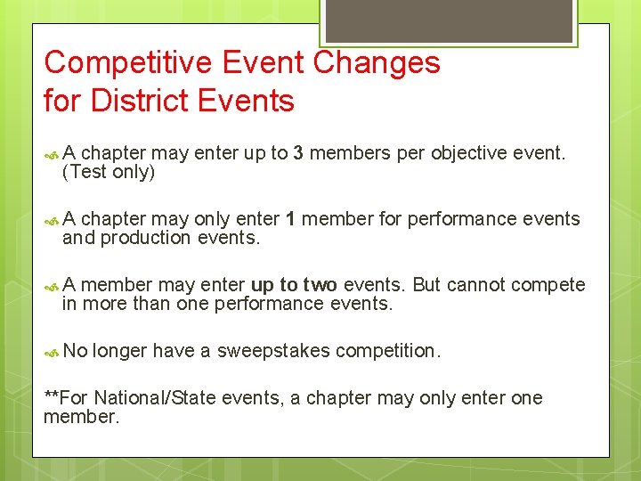 Competitive Event Changes for District Events A chapter may enter up to 3 members