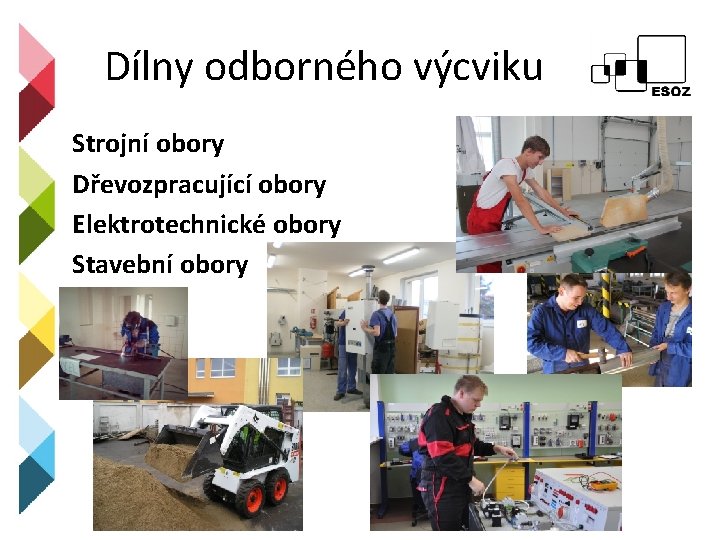 Dílny odborného výcviku Strojní obory Dřevozpracující obory Elektrotechnické obory Stavební obory 