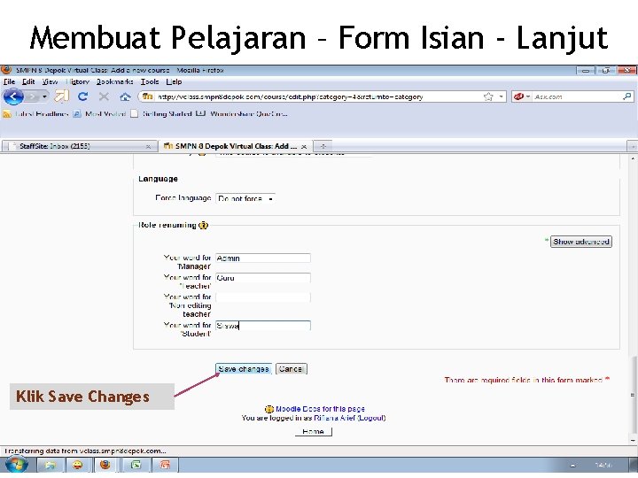 Membuat Pelajaran – Form Isian - Lanjut Klik Save Changes 