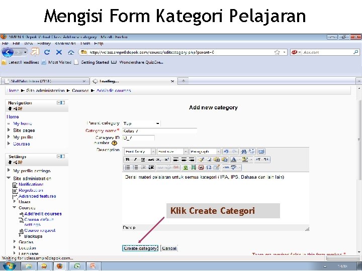 Mengisi Form Kategori Pelajaran Klik Create Categori 
