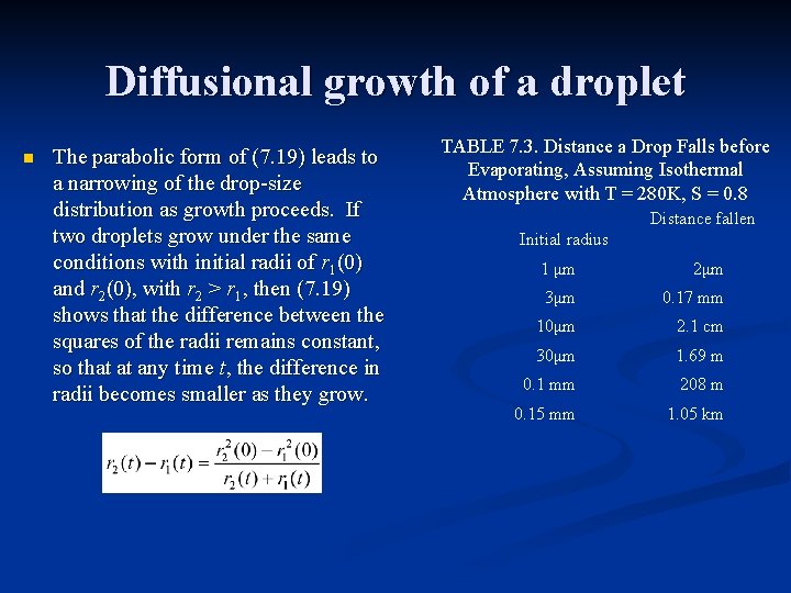 Diffusional growth of a droplet n The parabolic form of (7. 19) leads to