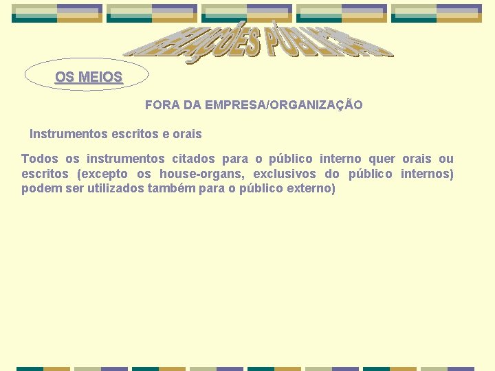 OS MEIOS FORA DA EMPRESA/ORGANIZAÇÃO Instrumentos escritos e orais Todos os instrumentos citados para