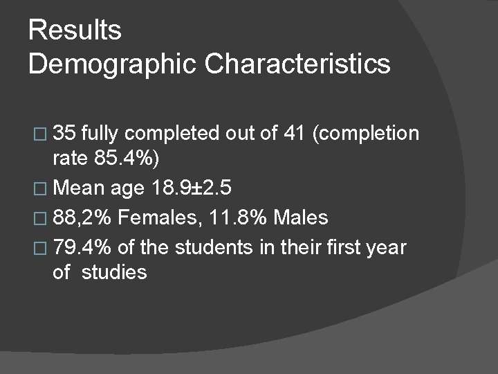 Results Demographic Characteristics � 35 fully completed out of 41 (completion rate 85. 4%)